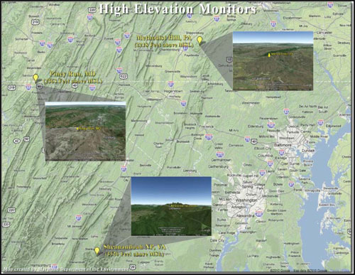 Locations of the three high elevation air monitoring sites